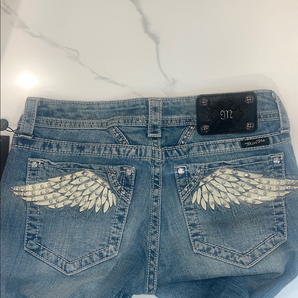 Miss Me Women's Straight Leg Jeans with Embroidered Wing Pockets - Light Blue